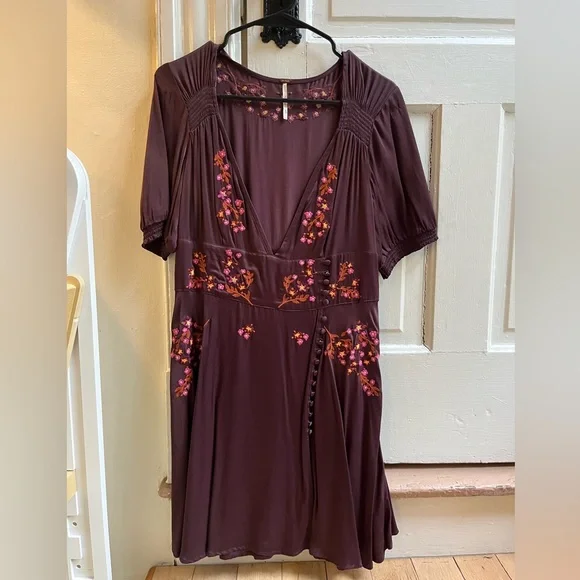 Free People Vintage Stardust Satin Plum Mini Dress with Embroidered Details - Picture 2 of 11